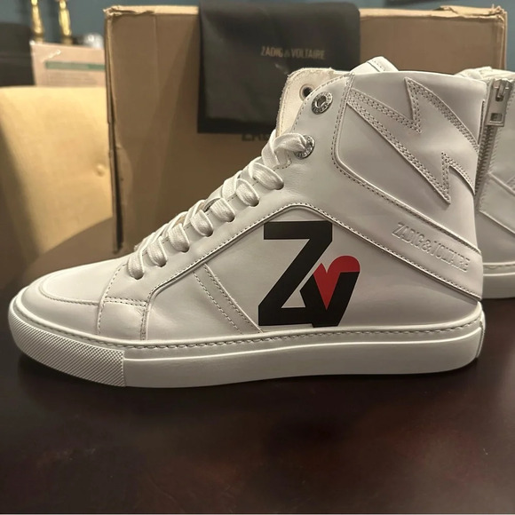 NIB Zadig & Voltaire ❤️ ZV1747 High Flash Leather Sneakers Size 39 White Blanc - Picture 1 of 8